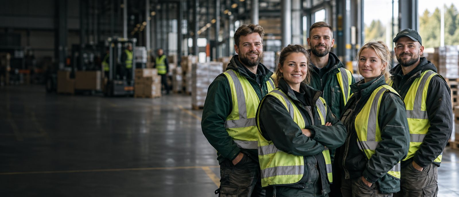 Men and women workers in jackets at an operations facility