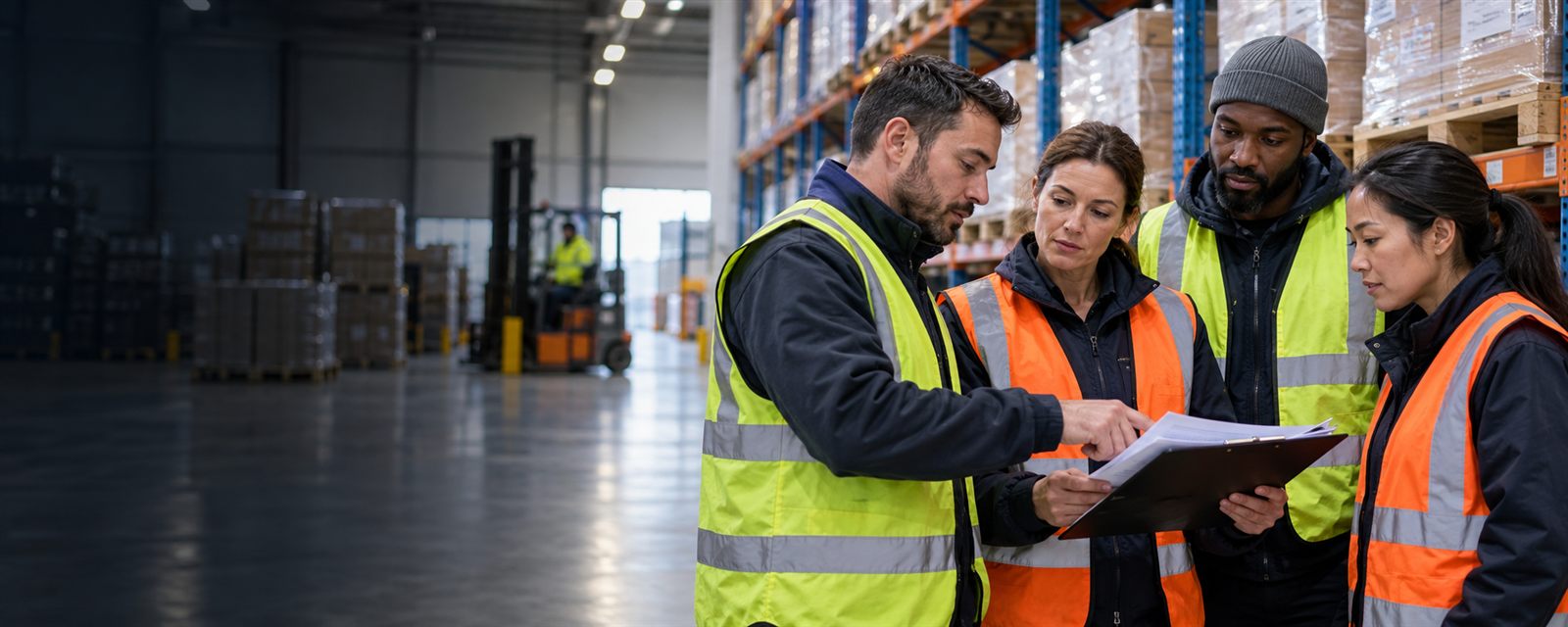 Workers in jackets discussing a shift plan